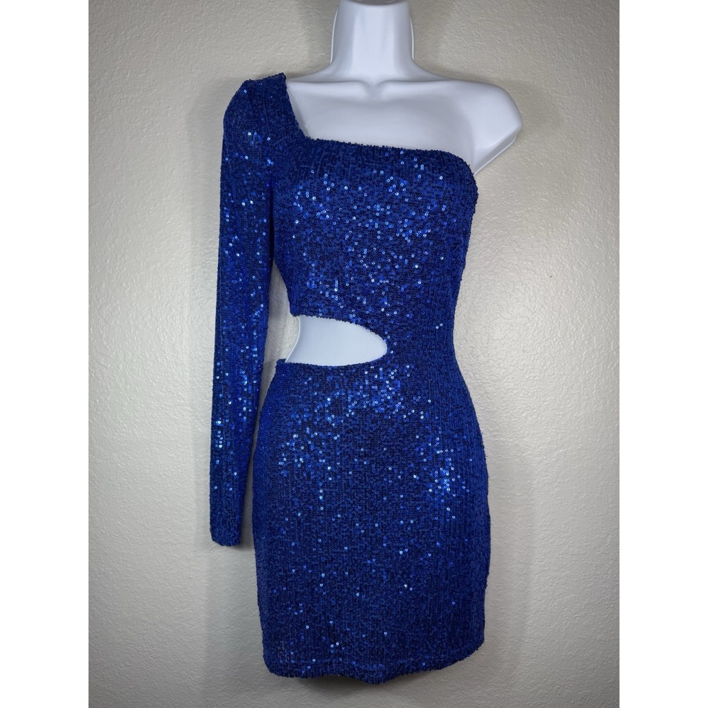 Windsor Sparkle Party Sequin One-Shoulder Mini Dress Royal Blue Sz S Homecoming